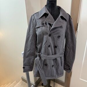 BASEMENT Button Front Tie Belted Grey Cotton Pea Coat Jacket Trench Business Cas